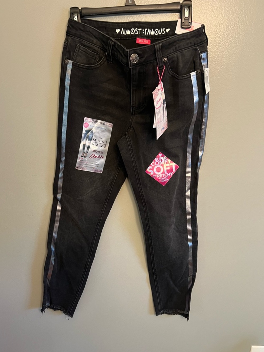 Almost Famous Black Ankle Jeans with Iridescent Silver-Blue Side Stripes